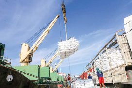 Journeying Beyond Borders Export rice bags being loaded onto the overseas merchant vessel at Yangon Port.