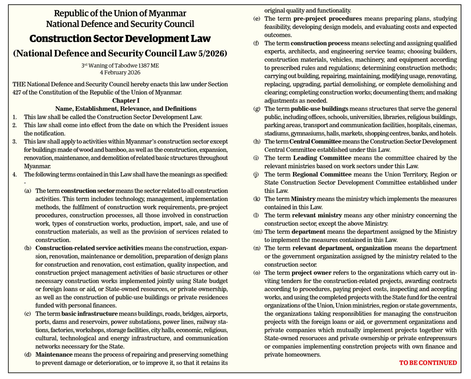 Construction Sector Development Law - Global New Light Of Myanmar