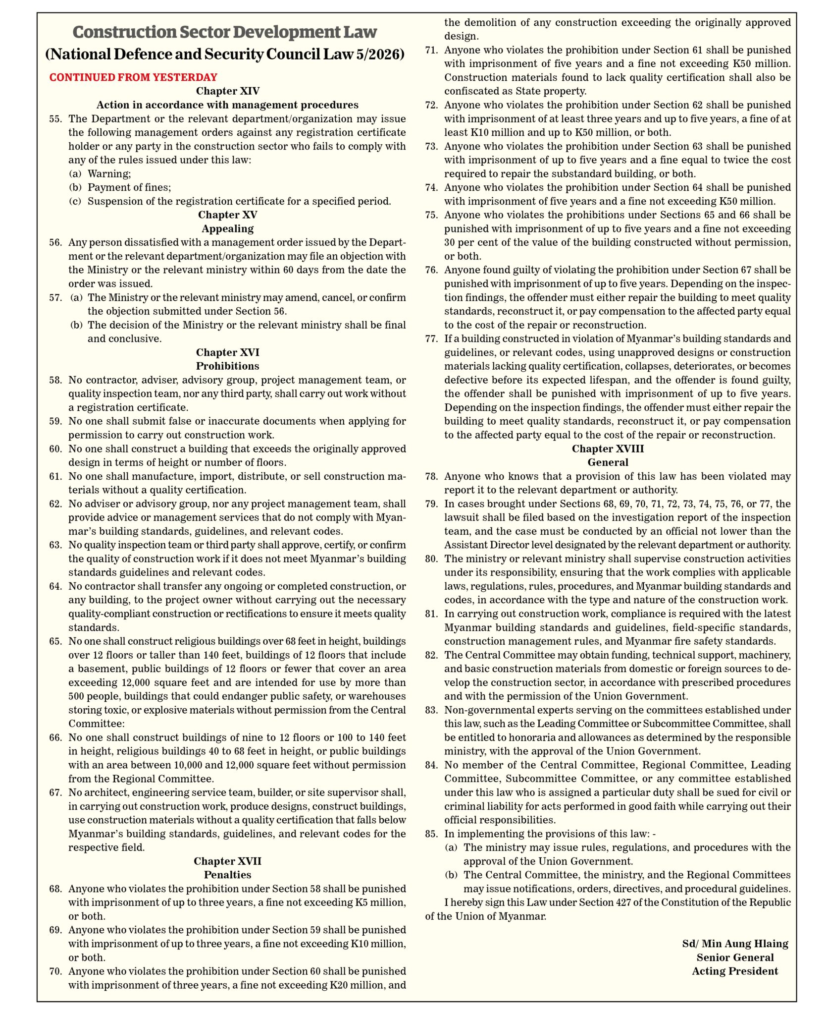 Construction Sector Development Law - Global New Light Of Myanmar
